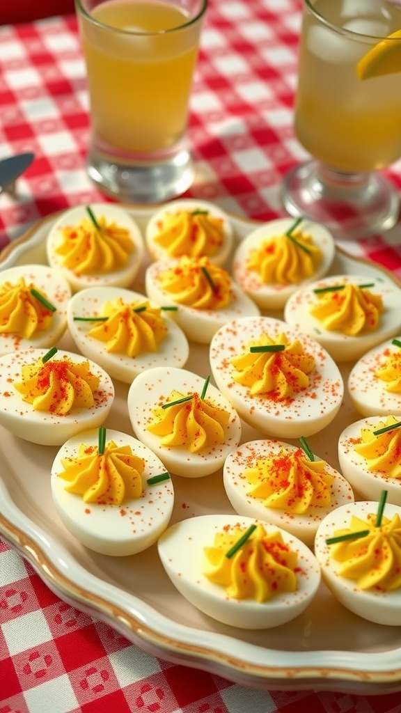 Deviled eggs on a vintage platter garnished with paprika and chives, set on a retro table.